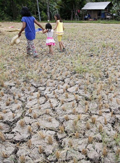 A woman and children walk through a drought-stricken rice field in Cebu, Philippines in April 2016. (CNS/Reuters/Jay Rommel Labra)