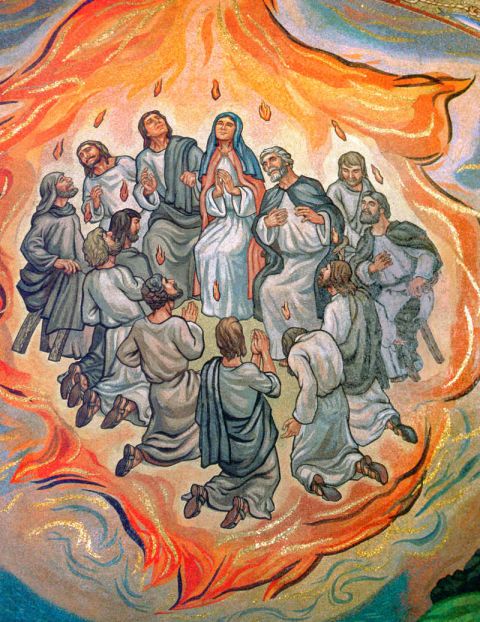An artist's depiction of a scene from the Pentecost appears in the Cathedral Basilica of St. Louis in the city of St. Louis. (CNS photo/Crosiers)