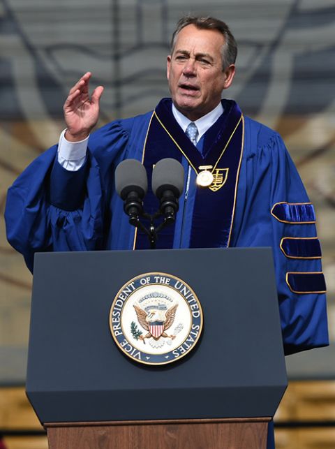 Former House Speaker John Boehner delivers an address after receiving the Laetare Medal during the 2016 commencement ceremony May 15, 2016, at Notre Dame Stadium in Indiana. (CNS/University of Notre Dame/Barbara Johnston)
