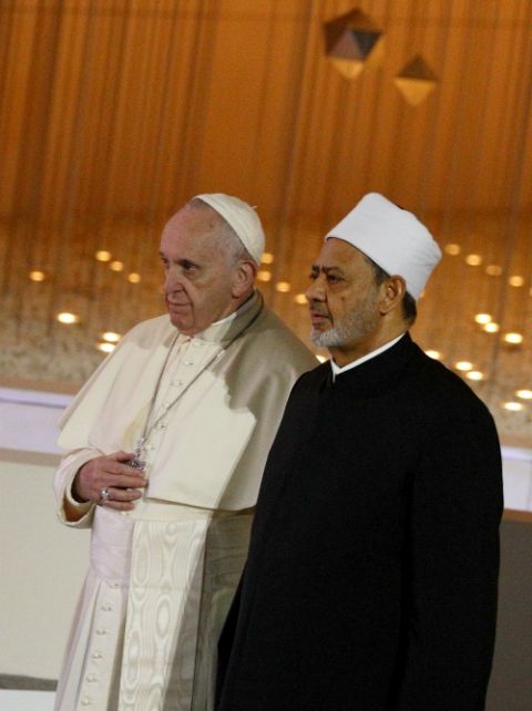 Pope Francis and Sheik Ahmad el-Tayeb, grand imam of Egypt's al-Azhar mosque and university, leave an interreligious meeting in Abu Dhabi, United Arab Emirates, Feb. 4, 2019. (CNS/Paul Haring)