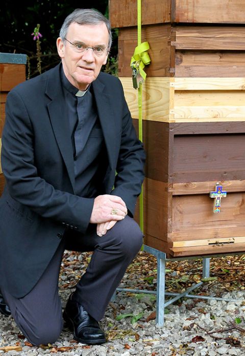 Bishop John Arnold of Salford, England, poses for a photo with beehives at the Laudato Si Centre in 2019. (CNS/Simon Caldwell)