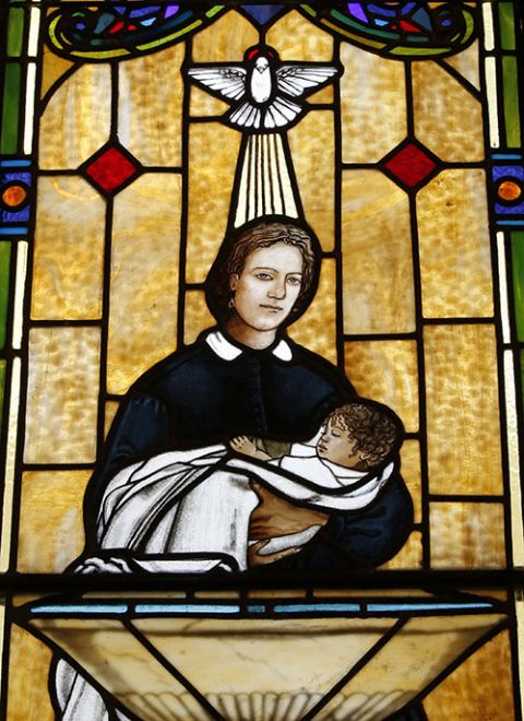 Venerable Henriette Delille, who founded the Sisters of the Holy Family in New Orleans in 1842, is depicted in a stained-glass window at St. Louis Cathedral in New Orleans. (CNS/Gregory A. Shemitz)
