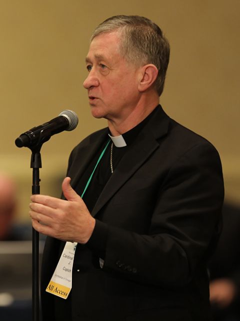 Chicago Cardinal Blase Cupich speaks from the floor during the fall general assembly of the U.S. bishops' conference Nov. 11, 2019, in Baltimore. (CNS/Bob Roller)