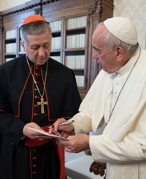 Pope Francis talks with Chicago Cardinal Blase Cupich at the Vatican Dec. 12, 2019. (CNS/Vatican Media)