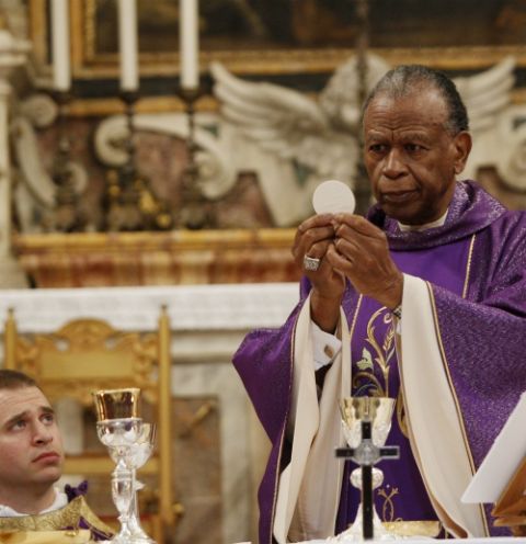 Bishop Edward Braxton of Belleville, Illinois, concelebrates the Eucharist during Mass with other U.S. bishops from Illinois, Indiana, and Wisconsin at the Basilica of St. John Lateran in Rome Dec. 11, 2019. (CNS/Robert Duncan)