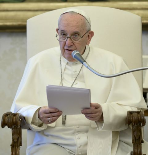 Pope Francis holds his weekly general audience April 22, 2020, in the papal library in the Apostolic Palace. Marking the celebration of Earth Day, the pope urged people to protect the Earth and its inhabitants. (CNS/Vatican Media) Pope Francis holds his weekly general audience April 22, 2020, in the papal library in the Apostolic Palace. Marking the celebration of Earth Day, the pope urged people to protect the Earth and its inhabitants. (CNS/Vatican Media)