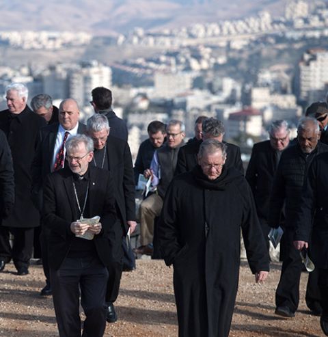 Members of the Holy Land Coordination visit East Jerusalem Jan. 14, 2020. The bishops convened virtually in 2021 for their annual meeting, under COVID-19 restrictions. (CNS/Bishops' Conference of England and Wales/Marcin Mazur) Members of the Holy Land Coordination visit East Jerusalem Jan. 14, 2020. The bishops convened virtually in 2021 for their annual meeting, under COVID-19 restrictions. (CNS/Bishops' Conference of England and Wales/Marcin Mazur)