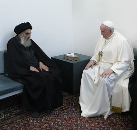 Pope Francis and Ayatollah Ali al-Sistani, one of Shiite Islam's most authoritative figures, meet during a courtesy visit in Najaf, Iraq, March 6. (CNS/Vatican Media)
