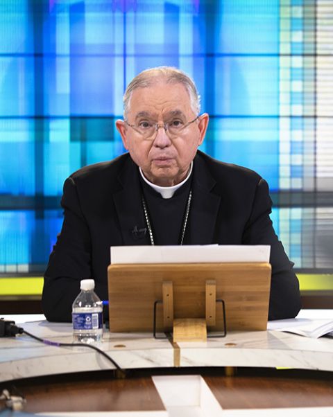 Los Angeles Archbishop José Gomez, president of the U.S. Conference of Catholic Bishops, holds a news conference in Washington June 16, during the bishops' 2021 spring assembly. (CNS/Tyler Orsburn)