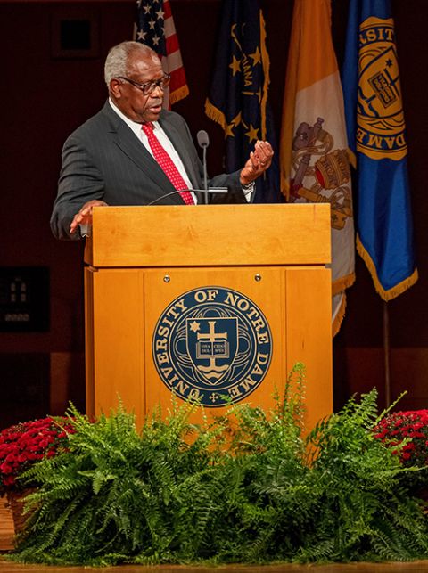 U.S. Supreme Court Justice Clarence Thomas delivers the 2021 Tocqueville Lecture Sept. 16 at the University of Notre Dame in Indiana. (CNS/Courtesy of University of Notre Dame/Peter Ringenberg)