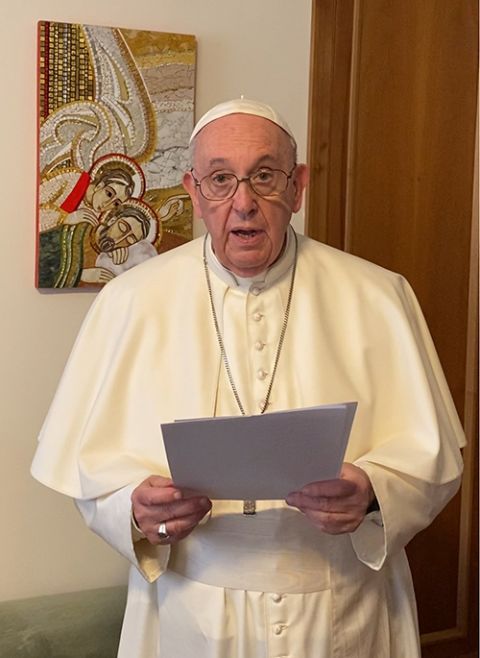 Pope Francis speaks in a video message to young adults meeting Oct. 2, 2021, in Assisi, Italy. (CNS/Vatican Media)