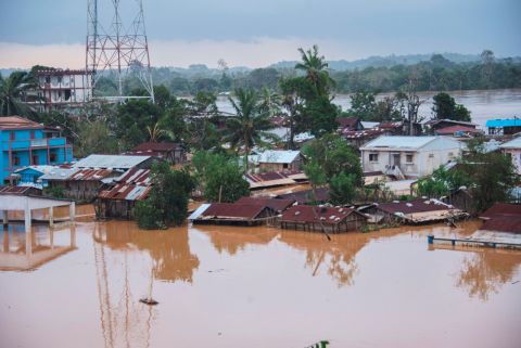 Flooded homes in Mananjary, Madagascar, are pictured Feb. 7, 2022, in the aftermath of Cyclone Batsirai. (CNS/CRS/Miguel Rasolofo)