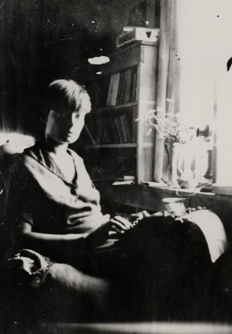 Dorothy Day at the typewriter in her cottage on Staten Island, New York, circa 1925 (Journey Films/©Marquette University)