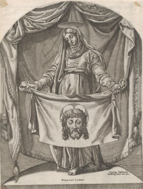 Beginning in the late 1470s, the papacy used print to foster the cult of saints and to encourage pilgrimages to Rome. Above is a print (circa 1540-66) by French artist Nicolas Beatrizet that depicts Veronica with the veil said to have touched Jesus' face 