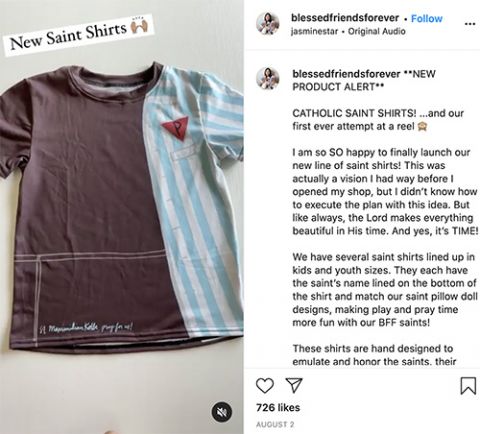 A screenshot of a video posted Aug. 2 on Blessed Friends Forever's Instagram account shows the now-discontinued St. Maximilian Kolbe T-shirt among the online retailer's latest designs. (NCR screenshot)