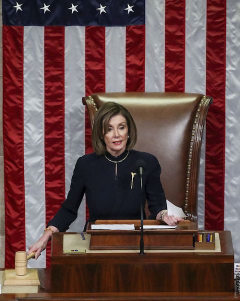 U.S. House Speaker Nancy Pelosi, D-Calif., wields the gavel Dec. 18, 2019, after the U.S. House of Representatives voted in favor of two counts of impeachment against U.S. President Donald Trump. (CNS/Reuters/Jonathan Ernst)