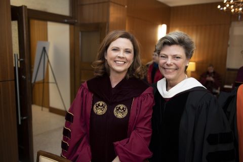 Tania Tetlow, left, poses with her mentor Cokie Roberts at Tetlow's inauguration ceremony, Nov. 16, 2018.