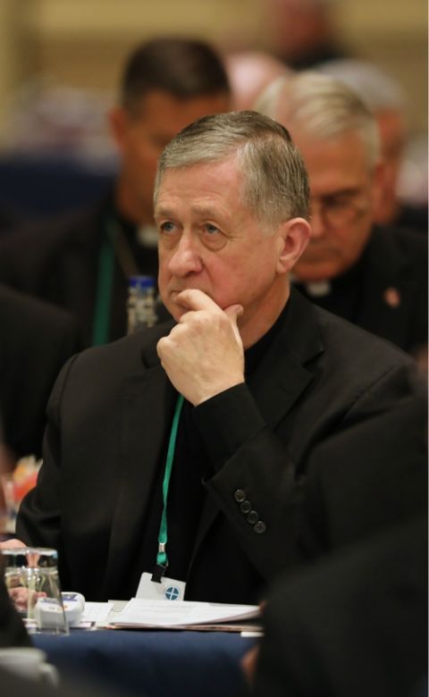 Chicago Cardinal Blase Cupich listens to a speaker during the U.S. bishops' fall general assembly in Baltimore Nov. 11. (CNS/Bob Roller)