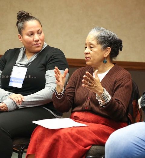 Debra Brittenum, right, speaks on a panel of Re/Generation mentors at the 2018 CTA national conference in San Antonio, Texas. Pictured left is Vicky Barrios. (Call to Action)