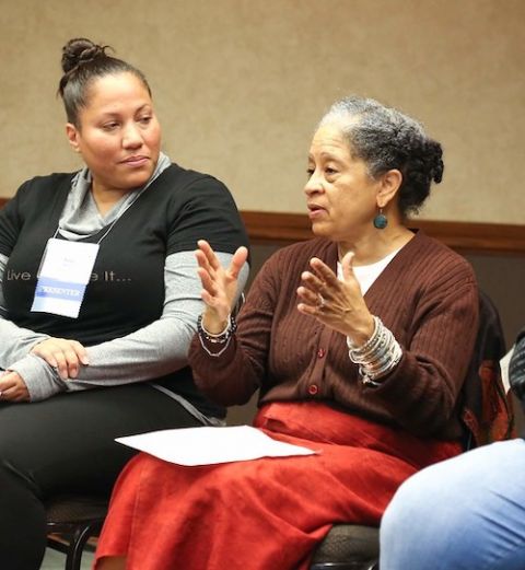 Debra Brittenum, right, speaks on a panel of Re/Generation mentors at the 2018 CTA national conference in San Antonio, Texas. Pictured left is Vicky Barrios. (Call to Action) Debra Brittenum, right, speaks on a panel of Re/Generation mentors at the 2018 CTA national conference in San Antonio, Texas. Pictured left is Vicky Barrios. (Call to Action)