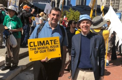 Fr. John Garvey, left, and Fr. Dermot Lane, right, take part in a climate demonstration in San Francisco during Lane's sabbatical 2018-19 at the Jesuit School of Theology in Berkeley. (Provided photo) Fr. John Garvey, left, and Fr. Dermot Lane, right, take part in a climate demonstration in San Francisco during Lane's sabbatical 2018-19 at the Jesuit School of Theology in Berkeley. (Provided photo)