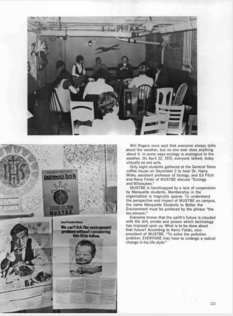 A page in the Marquette Hilltop yearbook recaps the university's first Earth Day celebration. (Department of Special Collections and University Archives, Marquette University Libraries)