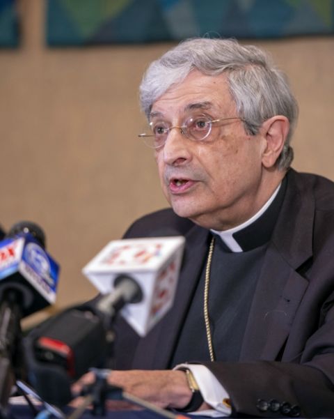 Bishop Salvatore Matano speaks during a Sept. 12 news conference at the pastoral center in the Diocese of Rochester, New York. (CNS/Catholic Courier/Jeff Witherow)