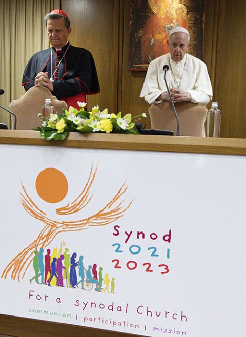 Pope Francis leads a meeting with representatives of bishops' conferences from around the world at the Vatican Oct. 9, 2021. Also pictured is Maltese Cardinal Mario Grech, secretary-general of the Synod of Bishops. (CNS/Paul Haring)