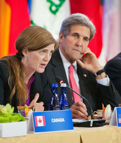 Then-Ambassador Samantha Power and then-Secretary of State John Kerry at the U.S. Department of State in Washington, D.C., in 2016 (Flickr/U.S. Department of State)