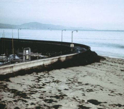 Oil is seen piled up against a seawall near Santa Barbara Harbor in California following the February 1969 oil spill from a Union Oil drilling platform. At the time, it was the largest oil spill in U.S. history.