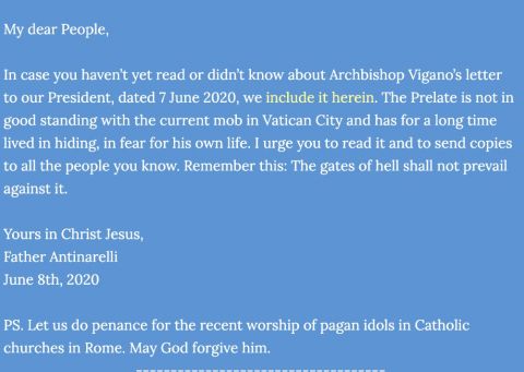 A screenshot of Fr. Ronald Antinarelli's June 8 post on the website of Our Lady of Victory Parish in Rochester, New York A screenshot of Fr. Ronald Antinarelli's June 8 post on the website of Our Lady of Victory Parish in Rochester, New York