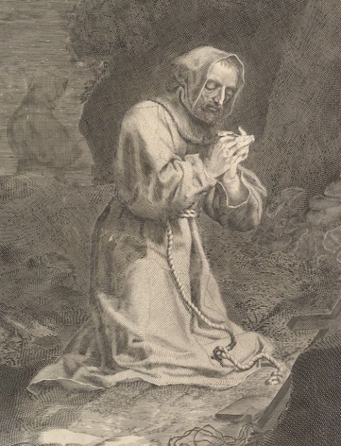 Detail of engraving, "St. Francis of Assisi" by Nicolas Bazin, 1633-1710, after Claude Mellan, 1598-1688 Paris (Metropolitan Museum of Art)