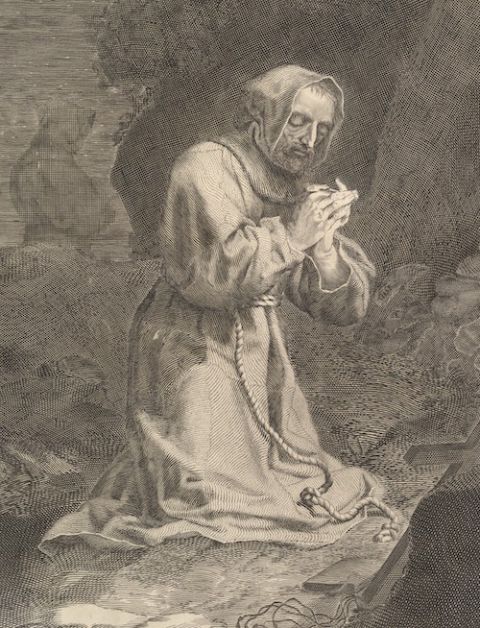 Detail of engraving, "St. Francis of Assisi" by Nicolas Bazin, 1633-1710, after Claude Mellan, 1598-1688 Paris (Metropolitan Museum of Art) Detail of engraving, "St. Francis of Assisi" by Nicolas Bazin, 1633-1710, after Claude Mellan, 1598-1688 Paris (Metropolitan Museum of Art)