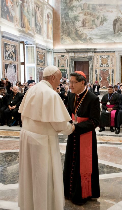 Philippine Cardinal Luis Antonio Tagle greets Pope Francis April 26, 2019, at the Vatican. In December, Francis named Tagle prefect of the Congregation for the Evangelization of Peoples. (CNS/Vatican Media)