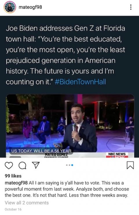 Mateo Gomez's Instagram post about speaking at the town hall with Vice President Joe Biden (NCR screenshot) Mateo Gomez's Instagram post about speaking at the town hall with Vice President Joe Biden (NCR screenshot)