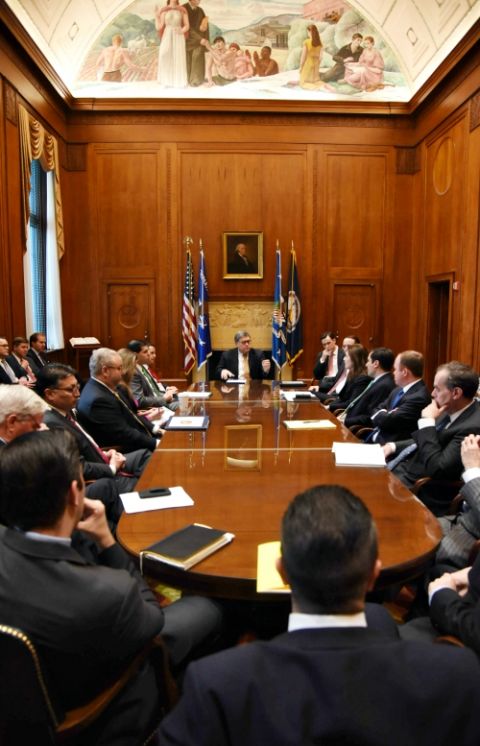 William Barr meets with Justice Department leadership at the White House Feb. 14, 2019, the day he was sworn in as attorney general of the United States. (Wikimedia Commons/U.S. Department of Justice)