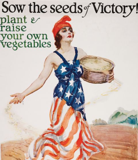 Detail of poster from 1918, during World War I, by James Montgomery Flag promoting gardening to free up other food resources (National Archives) Detail of poster from 1918, during World War I, by James Montgomery Flag promoting gardening to free up other food resources (National Archives)