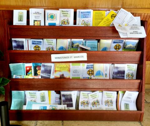 Brochures for various St. Mark ministries are seen in the community center. (NCR photo/Soli Salgado)