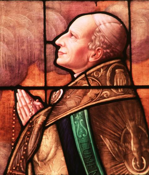 Leo XIII, who served as pope 1878-1903, is depicted in a window at Holy Family Church in Mitchell, South Dakota. (CNS photo from Crosiers) Leo XIII, who served as pope 1878-1903, is depicted in a window at Holy Family Church in Mitchell, South Dakota. (CNS photo from Crosiers)