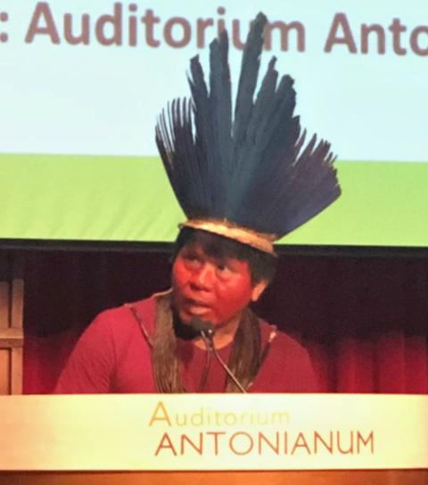 José Luiz Cassupá, an indigenous leader representing more than 50 tribes from Rôndonia, Brazil, called on attendees to share the worries of his people with the pope. (NCR photo/Soli Salgado)