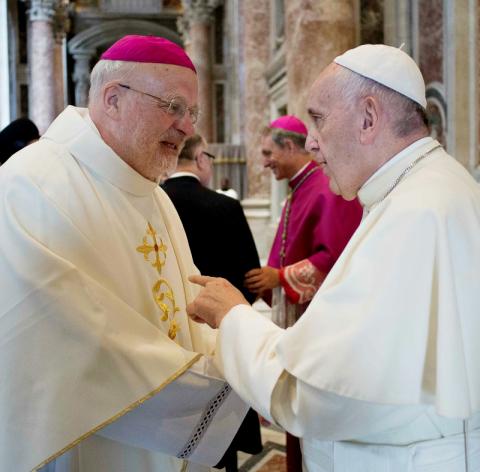 Pope Francis talks with then-Bishop Anders Arborelius before the pope leads the canonization Mass of Sts. Mary Elizabeth Hesselblad of Sweden and Stanislaus Papczynski of Poland at the Vatican June 5, 2016. (CNS/L'Osservatore Romano via Reuters)