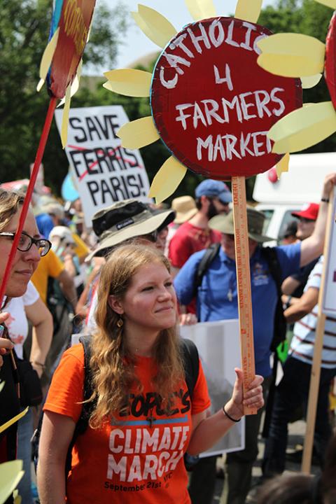 Kelly Moltzen, with the Franciscan Action Network, participates during the People's Climate March in Washington April 29, 2017. (CNS/Dennis Sadowski) Kelly Moltzen, with the Franciscan Action Network, participates during the People's Climate March in Washington April 29, 2017. (CNS/Dennis Sadowski)