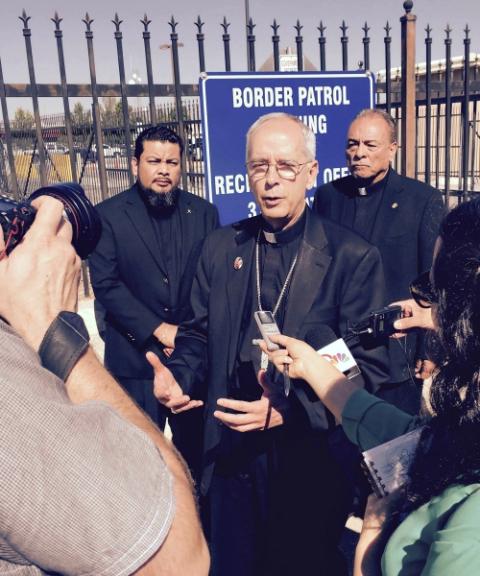Bishop Mark Seitz speaks to reporters before attending an Aug. 7, 2017, meeting with immigration officials to try to stop the imminent deportation of a mother whose 8-year-daughter was in a Texas hospital. (CNS/Hope Border Institute) Bishop Mark Seitz speaks to reporters before attending an Aug. 7, 2017, meeting with immigration officials to try to stop the imminent deportation of a mother whose 8-year-daughter was in a Texas hospital. (CNS/Hope Border Institute)