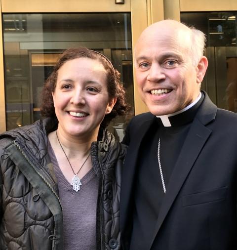 Archbishop Salvatore Cordileone stands with Yadira Mejia, wife of Hugo Mejia, outside the Sansome Federal Building in San Francisco Nov. 21. (CNS/Catholic San Francisco/Valerie Schmalz) Archbishop Salvatore Cordileone stands with Yadira Mejia, wife of Hugo Mejia, outside the Sansome Federal Building in San Francisco Nov. 21. (CNS/Catholic San Francisco/Valerie Schmalz)