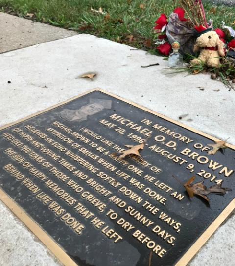 A memorial near the spot where Michael Brown was killed is seen in Ferguson, Missouri, in 2017. (GSR photo/Dawn Araujo-Hawkins)