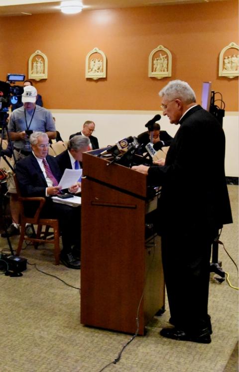 Pittsburgh Bishop David Zubik addresses the media Aug. 14, 2018, the day the Pennsylvania attorney general released a grand jury report on abuse claims spanning a 70-year period in six Catholic dioceses in the state. (CNS/Pittsburgh Catholic/Chuck Austin)