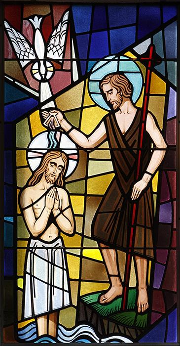 Christ's baptism by St. John the Baptist at the Jordan River is depicted in a stained-glass window at St. Francis of Assisi Church in Greenlawn, New York. (CNS/Long Island Catholic/Gregory A. Shemitz) Christ's baptism by St. John the Baptist at the Jordan River is depicted in a stained-glass window at St. Francis of Assisi Church in Greenlawn, New York. (CNS/Long Island Catholic/Gregory A. Shemitz)
