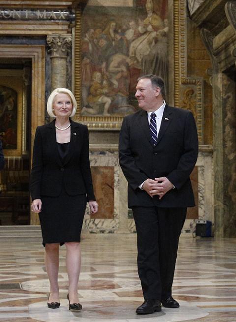 Callista Gingrich, then U.S. ambassador to the Vatican, and Mike Pompeo, then U.S. secretary of state, tour the Vatican Oct. 2, 2019. (CNS/Paul Haring) Callista Gingrich, then U.S. ambassador to the Vatican, and Mike Pompeo, then U.S. secretary of state, tour the Vatican Oct. 2, 2019. (CNS/Paul Haring)