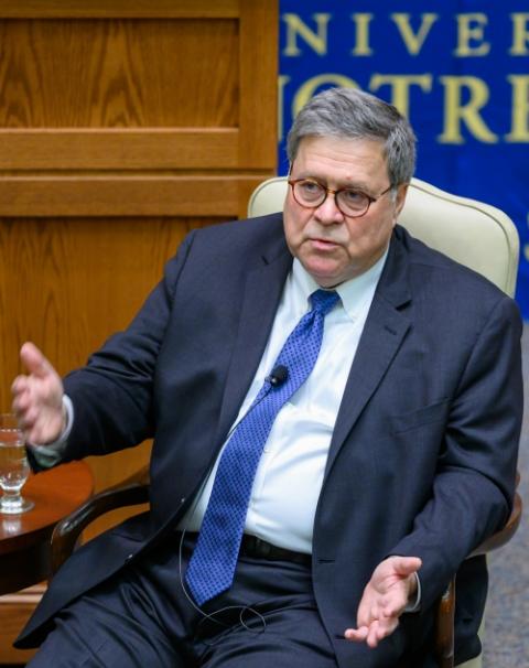 Attorney General William Barr speaks in the McCartan Courtroom Oct. 11, 2019, at the University of Notre Dame's Law School in Indiana. (CNS/University of Notre Dame/Matt Cashore) Attorney General William Barr speaks in the McCartan Courtroom Oct. 11, 2019, at the University of Notre Dame's Law School in Indiana. (CNS/University of Notre Dame/Matt Cashore)
