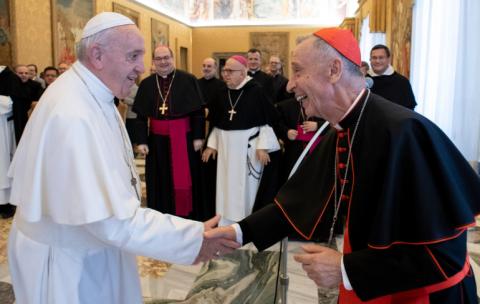 Pope Francis greets Cardinal Luis Ladaria, prefect of the Congregation for the Doctrine of the Faith, during a meeting with members of the International Theological Commission at the Vatican Nov. 29, 2019. (CNS/Vatican Media)